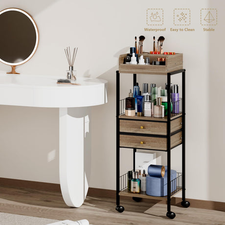 Makeup Organizer Cart Shelf Floor Skincare Organizers Make Up and Station Storage Cabinet For Vanity Standing Cosmetics With Drawers and Wheels For Nail Polish Perfume Hair Tool Beauty(Grey Oak) lurcns