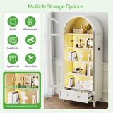 HNEBC Book Shelf with LED Lights, Arched Display Case with Storage Cabinet, Smart Pantry Cabinet with Glass Door, Bookcase, Toy Organizer with Solid Wood Legs for Livng Room/Bedroom Furnniture-White HNEBC