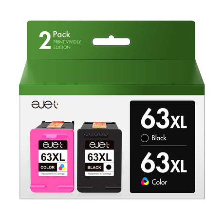 ejet Remanufactured 63XL Ink Cartridge Combo Pack Replacement for HP Ink 63 HP63XL for OfficeJet 3830 5255 5258 Envy 4520 4512 4513 4516 DeskJet 1112 1110 3630 3632 2130 Printer (1 Black,1 Tri-Color) ejet