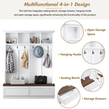 Merax Wood Hall Tree with 6 Hooks & Entryway Bench, Farmhouse Mudroom Versatile Coat Racks with 2 Large Drawers, Entrance Organizer for Hallway, White Merax