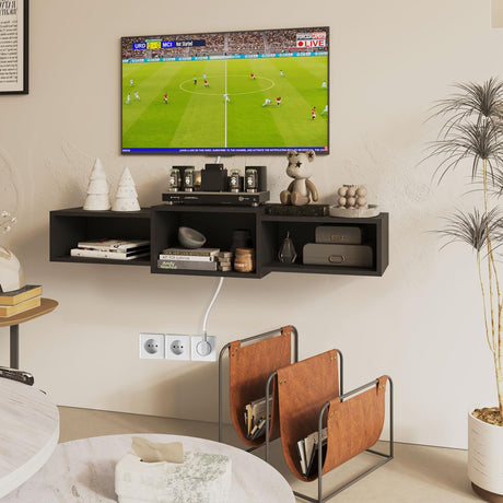 IBUYKE Floating TV Stand Wall Mounted with Power Outlet,Modern Wood Wall Mounted Media Console Shelf,Floating Entertainment Center for Under TV Storage for Living Room Bedroom Office,Black WST001B- IBUYKE