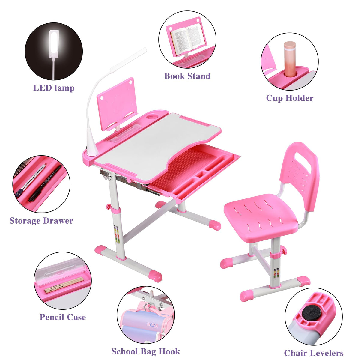 UNICOO Kids Study Table and Chair Set, Height Adjustable Kids Art Desk, Ergonomic Study Desk for Kids, with Premium Quality LED Lamp, Tilt Desktop, Pull Out Drawer Storage (Pink) UNICOO