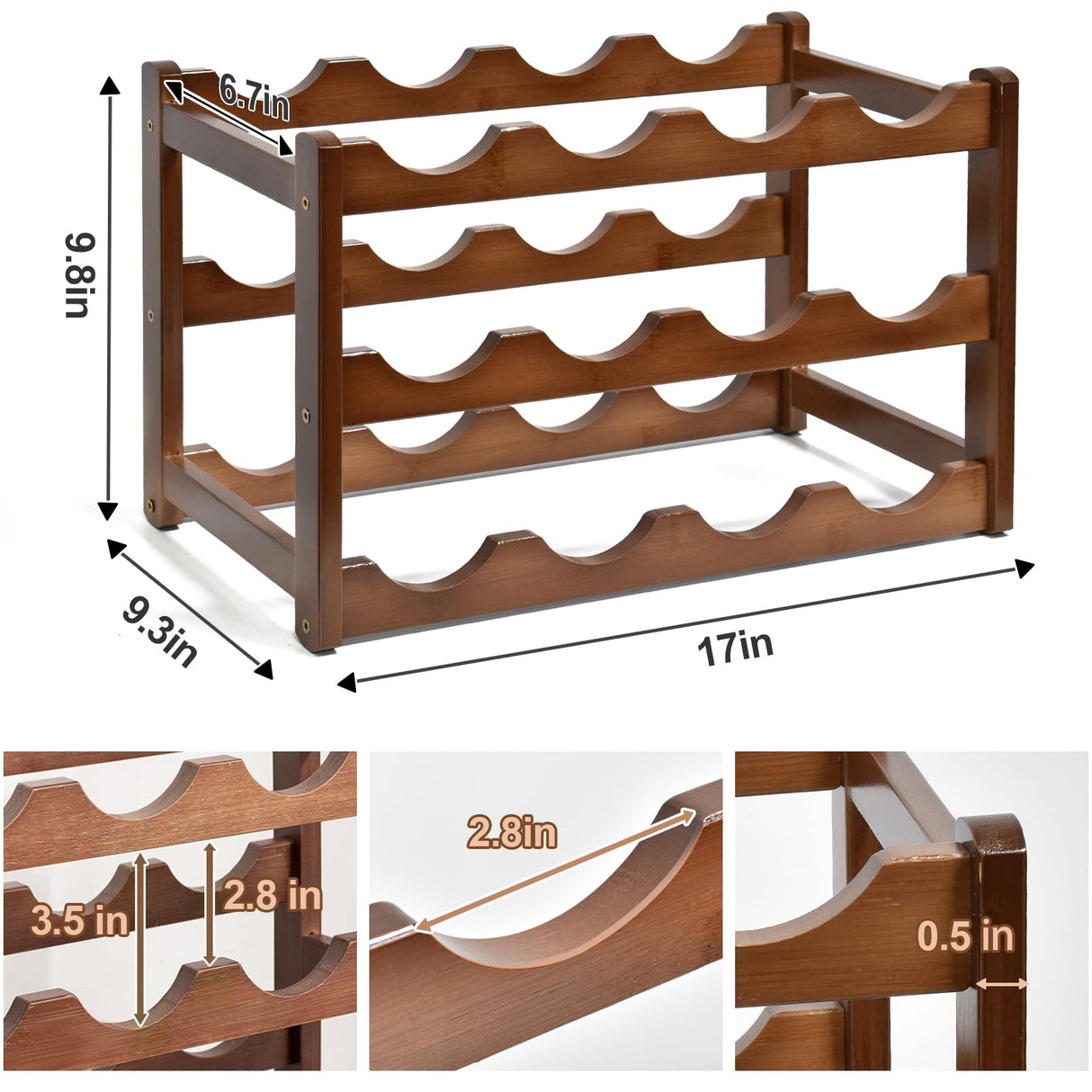 IWNTWY Wine Rack, 12 Bottles 3-Tier Free Standing Wine Racks, Bamboo Wine Rack Countertop Holder Storage Shelf for Kitchen Cabinet Dining Room Bar (Brown) IWNTWY