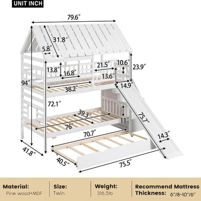 MERITLINE House Bunk Beds Twin Over Twin with Slide, Twin Bunk Bed with Storage Stairs and Trundle, Wood Kids Bunk Bed with Roof and Window Design for Girls, Boys,White