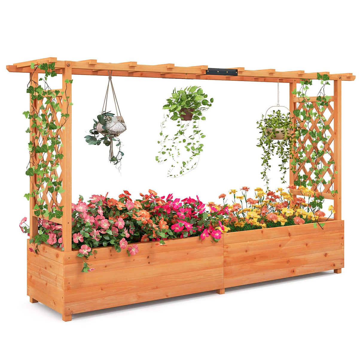 Giantex Raised Garden Bed with 2-Sided Trellis & Hanging Roof, Fir Wood Planter Box w/Drainage Holes, Bottom Gaps, Freestanding Garden Planter for Flowers Herbs Climbing Vines (79" x 17.5" x 45") Giantex