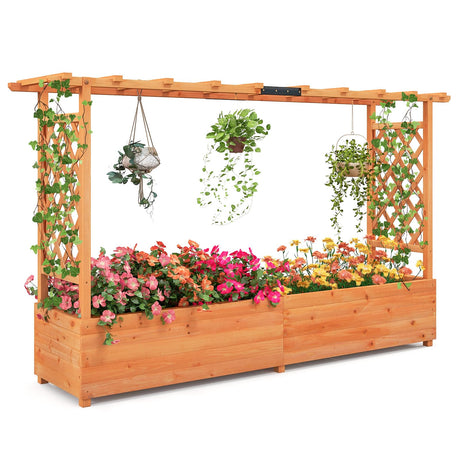 Giantex Raised Garden Bed with 2-Sided Trellis & Hanging Roof, Fir Wood Planter Box w/Drainage Holes, Bottom Gaps, Freestanding Garden Planter for Flowers Herbs Climbing Vines (79" x 17.5" x 45") Giantex