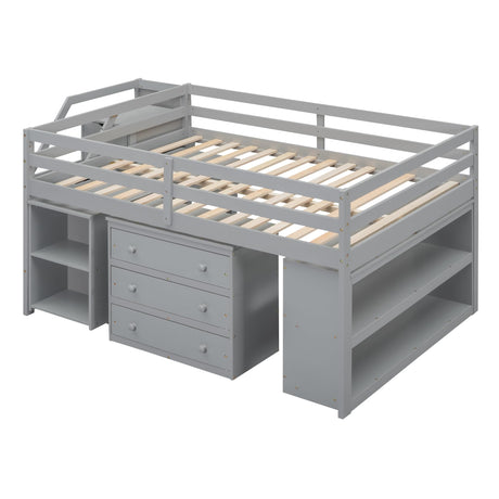 Harper & Bright Designs Grey Full Low Loft Bed with Storage, Stairs, and Rolling Desk Harper & Bright Designs