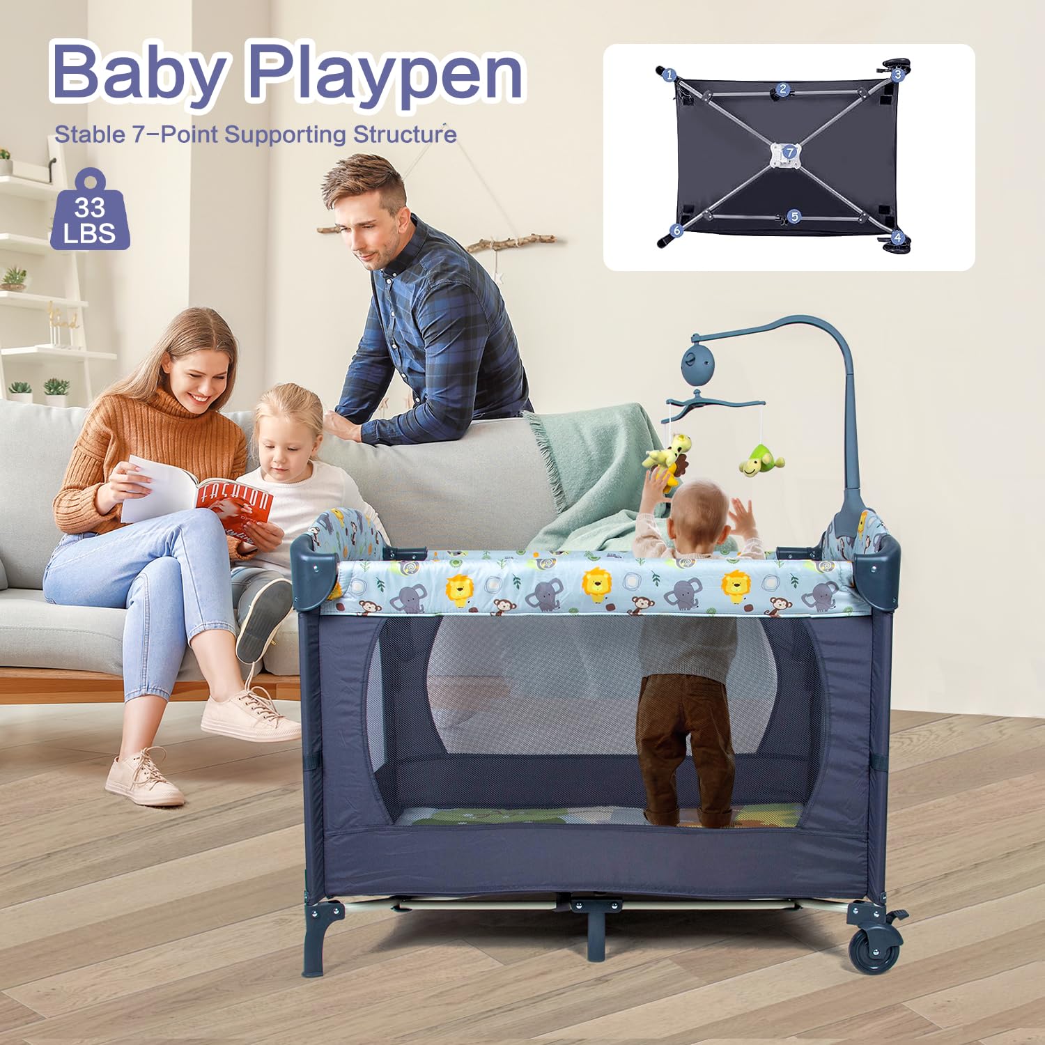 5-in-1 Baby Bassinet Bedside Crib, Pack and Play Long Next to Bed Crib Co Sleeper with Toys & Music Box, Mattress, Foldable Playard, Playpen Travel Bed Nursery Center for Girl Boy Infant Newb - WoodArtSupply