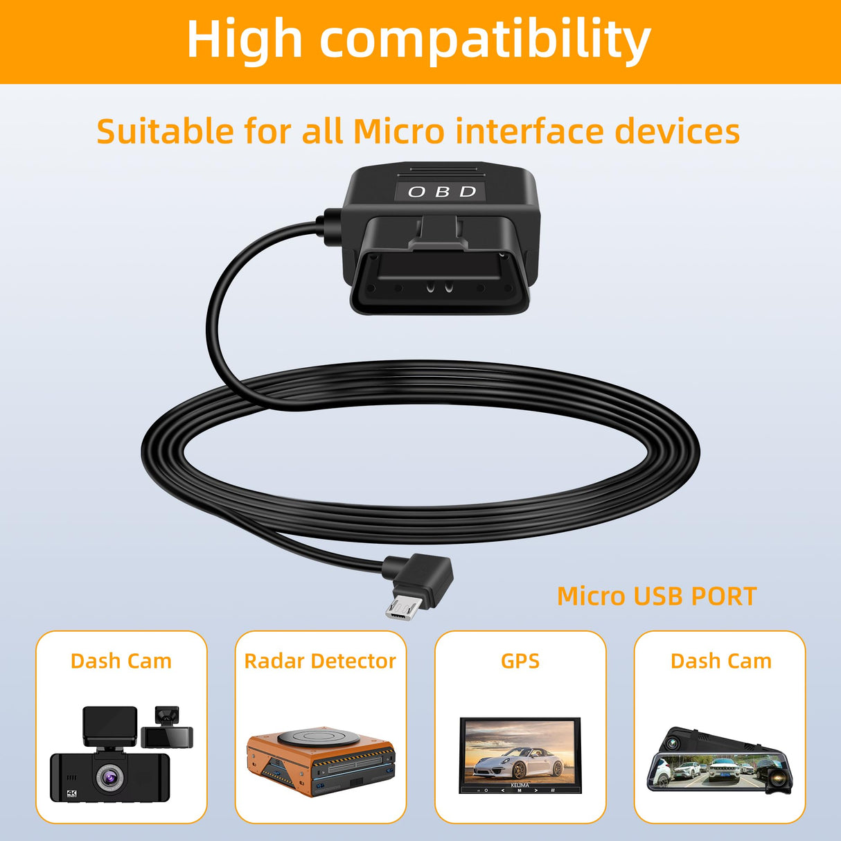 GELRHONR Right Angle OBD Power Cable for Dash Camera, Micro USB OBD2 Dashcam Hardwire Kit with 24 Hours Surveillance and Acc 2 Mode 11.5FT for EV Hybrid Fuel Vehicles(Right Angle Micro Black) GELRHONR