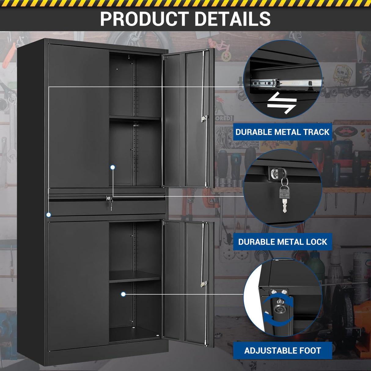 Fesbos 71" Metal Cabinet-Black Heavy Duty Storage File Cabinet Steel Tool Cabinets with Shelves, Lockable Doors and Drawers- for Garage, Pantry, Warehouse - Assembly Required Fesbos