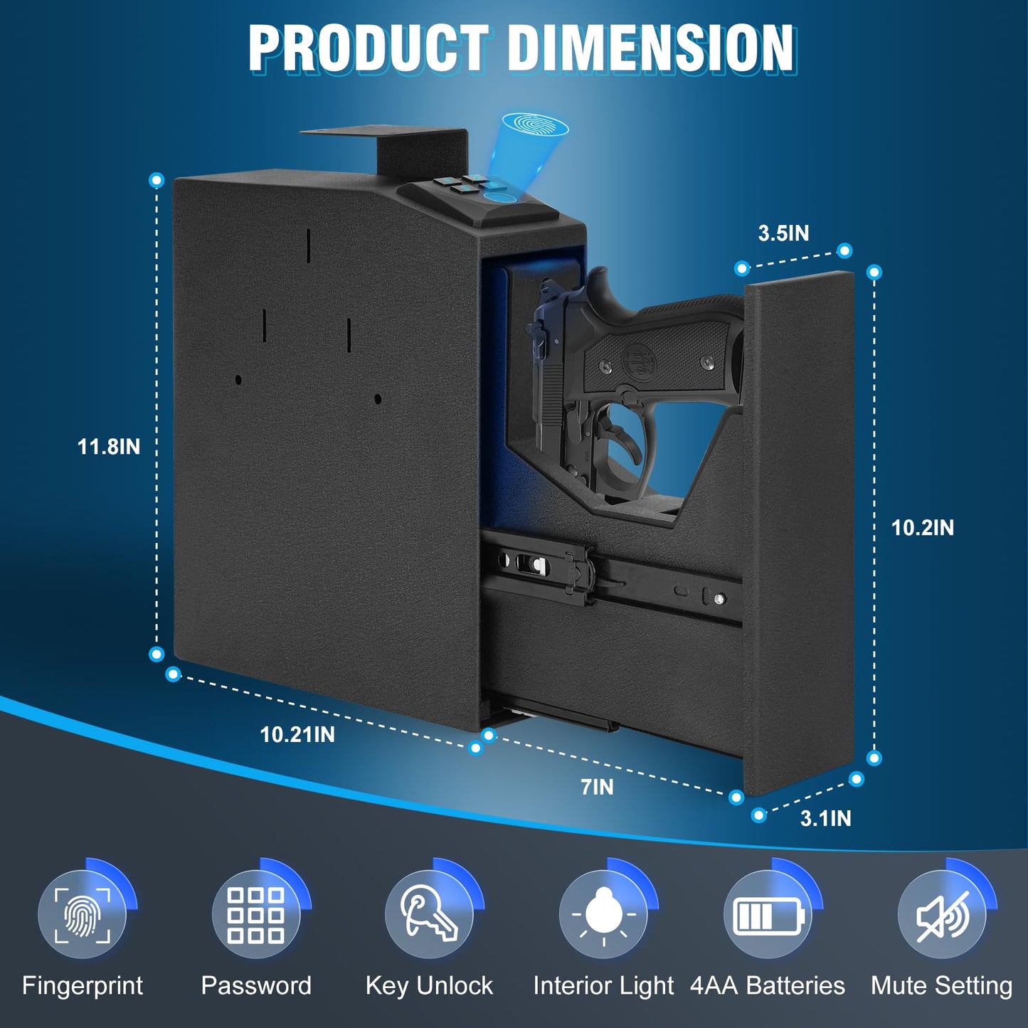 Biometric Slider Gun Safe for Handgun,Quick Access Gun Safe with Fingerprint, PIN Code, KEY Access,Hidden Gun Safe Box for Truck, Desk, Bedside, Wall