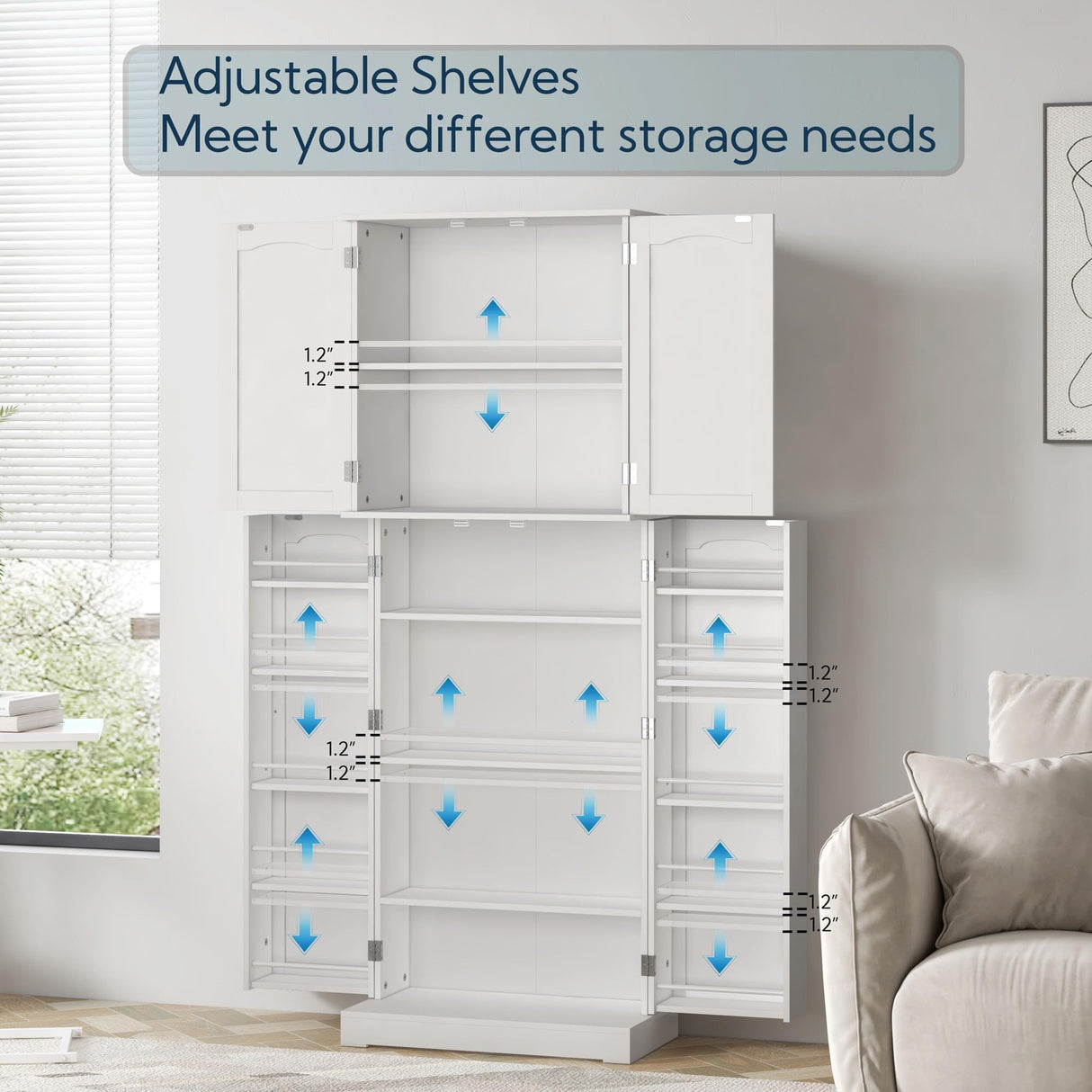 Yusong 64'' Kitchen Storage Cabinet, Tall Pantry Storage Cabinet with Doors and Shelves, Food Free Standing Pantry for Kitchen Dining Living Room, White Yusong