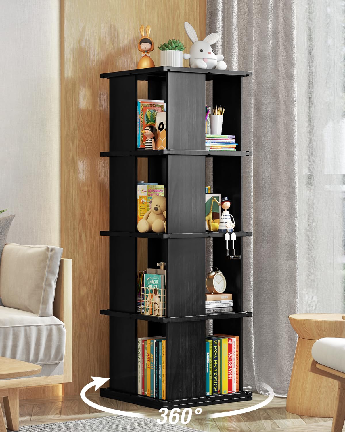 ATRURAL 360° Rotating Solid Wood Bookshelf Tower - 4-Tier Stackable Bookcase in Black - WoodArtSupply