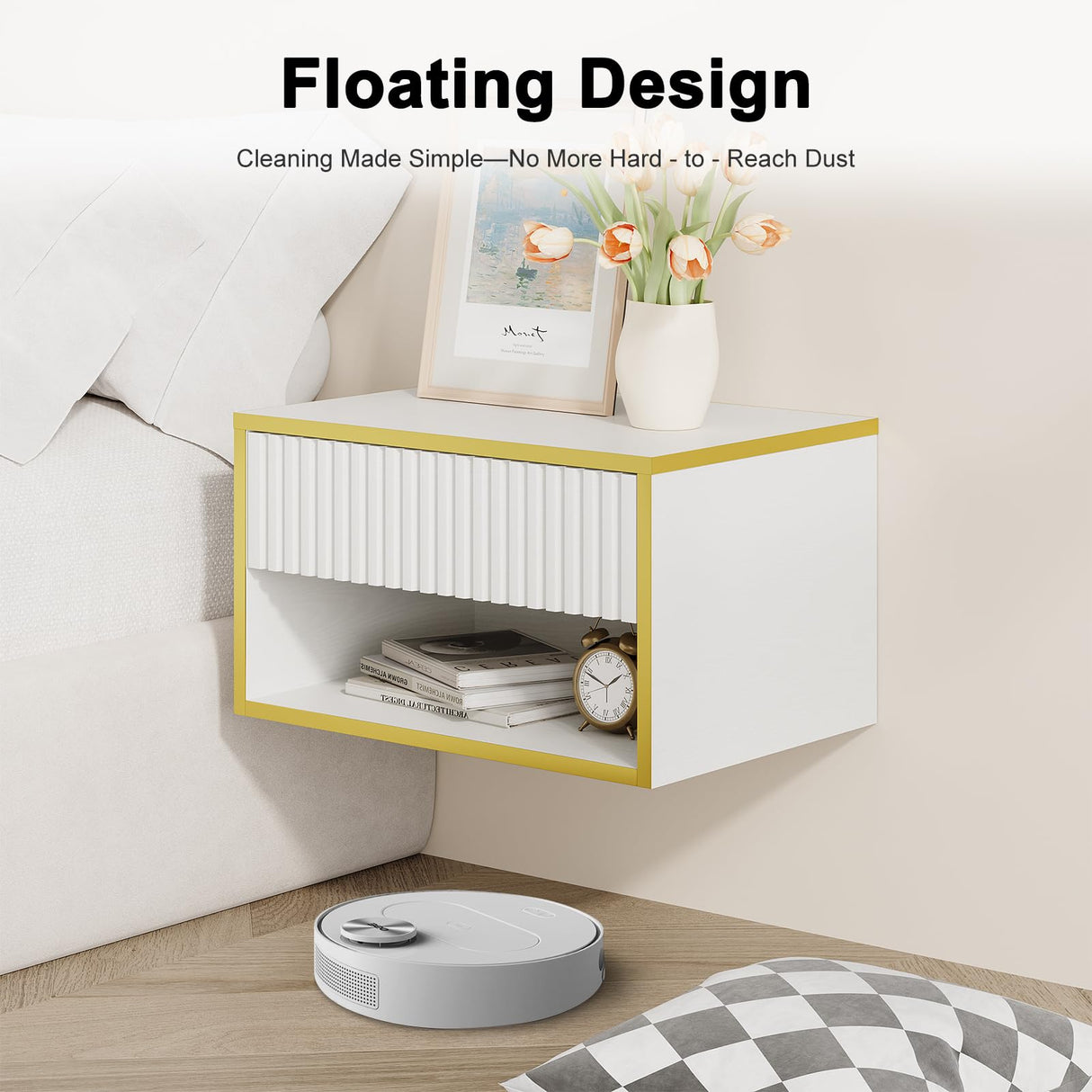 4ever2buy Floating Nightstand Set of 2, Modern Wall Mounted Nightstand with Open Shelf and Fluted Drawer, White and Gold Night Stand for Bedroom, White 4ever2buy
