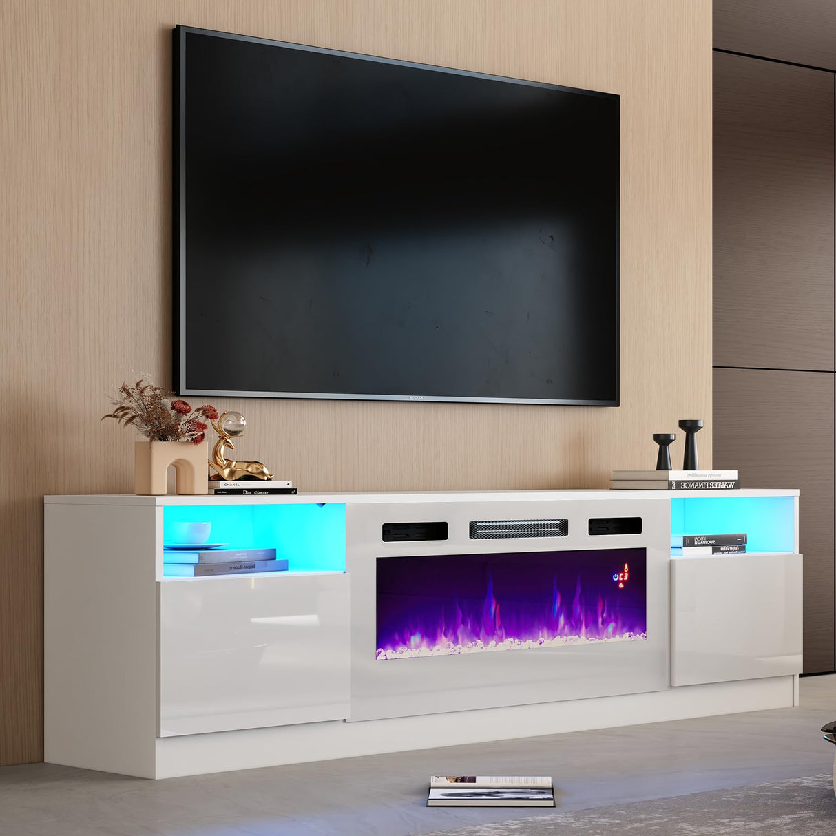 AMERLIFE 80" TV Stand with 40" Electric Fireplace Large Modern Matte Texture Media Entertainment Center with Highlight Storage Cabinet and 12 Colors LED Lights for TVs Up to 90", 80 inches, White AMERLIFE