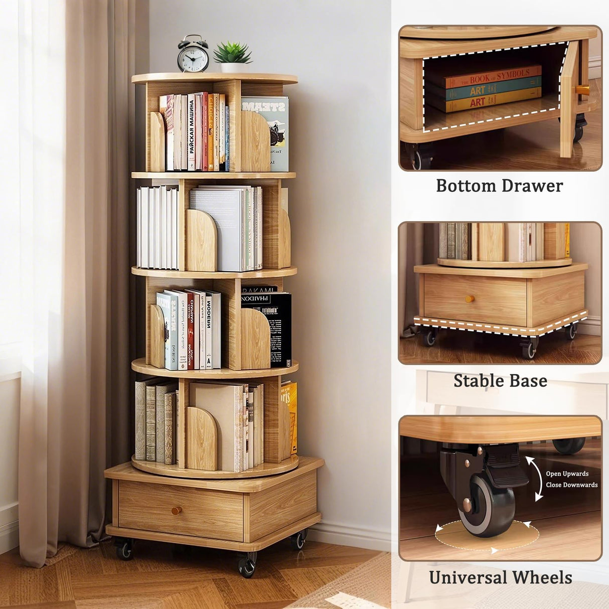Merax 5 Tier Rotating Bookshelf, 360°Display Round Spinning Bookcase with Wheels, Small Space Book Case Tower for Bedroom Living Room Home Office,Wood Color Merax