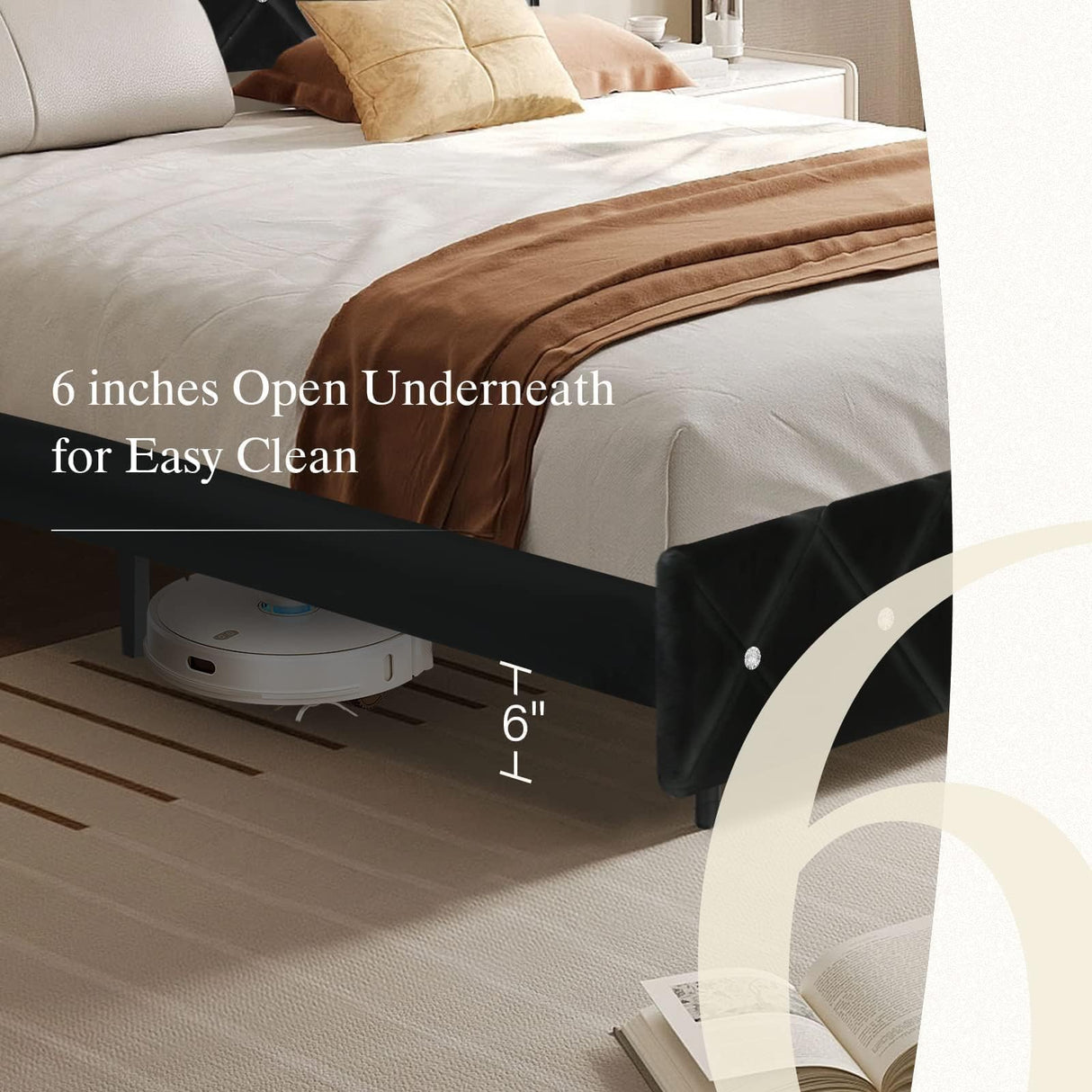 HOMBCK Queen Size Bed Frames with Headboard, Black Velvet Queen Bed Frame with Wingback, Upholstered Bed Frame with Diamond Headboard, Wood Slat Support, No Box Spring Needed, Easy Assembly HOMBCK