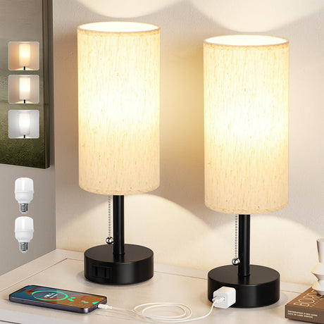 Fenmzee Bedside Table Lamps Set of 2-3 Color Temperatures Pull Chain Lamp with AC Outlet Charging Port, Small Round Night Stand Lamps for Bedroom Guest Room Office, Bed Side Light with E26 LED Bulbs Fenmzee
