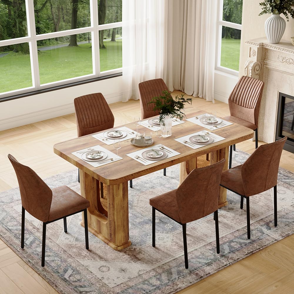 Rejeke 64.5" Dining Room Table Set for 6, Modern Farmhouse Wood Dining Table Set with Decorative Pedestal Legs & 6 Cushioned Chairs,Rustic Brown Kitchen Table Set for Kitchen, Easy Assembly Rejeke