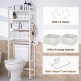 Cozivolife Over The Toilet Storage with 2 Baskets,4-Tier Bamboo Over Toilet Organizer Rack with Paper Holder & 4 Hooks & Waterproof Feet Pad,Freestanding Above Toilet Shelf for Bathroom(White) Cozivolife