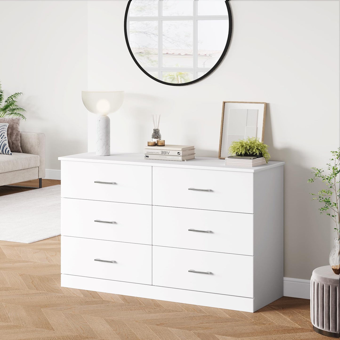 FOTOSOK White Dresser, 47.2'' Large 6 Drawer Dresser Wide Chest of Drawers for TV Stand, Modern Dresser White Floor Storage Drawer Cabinet for Home Office, White - WoodArtSupply