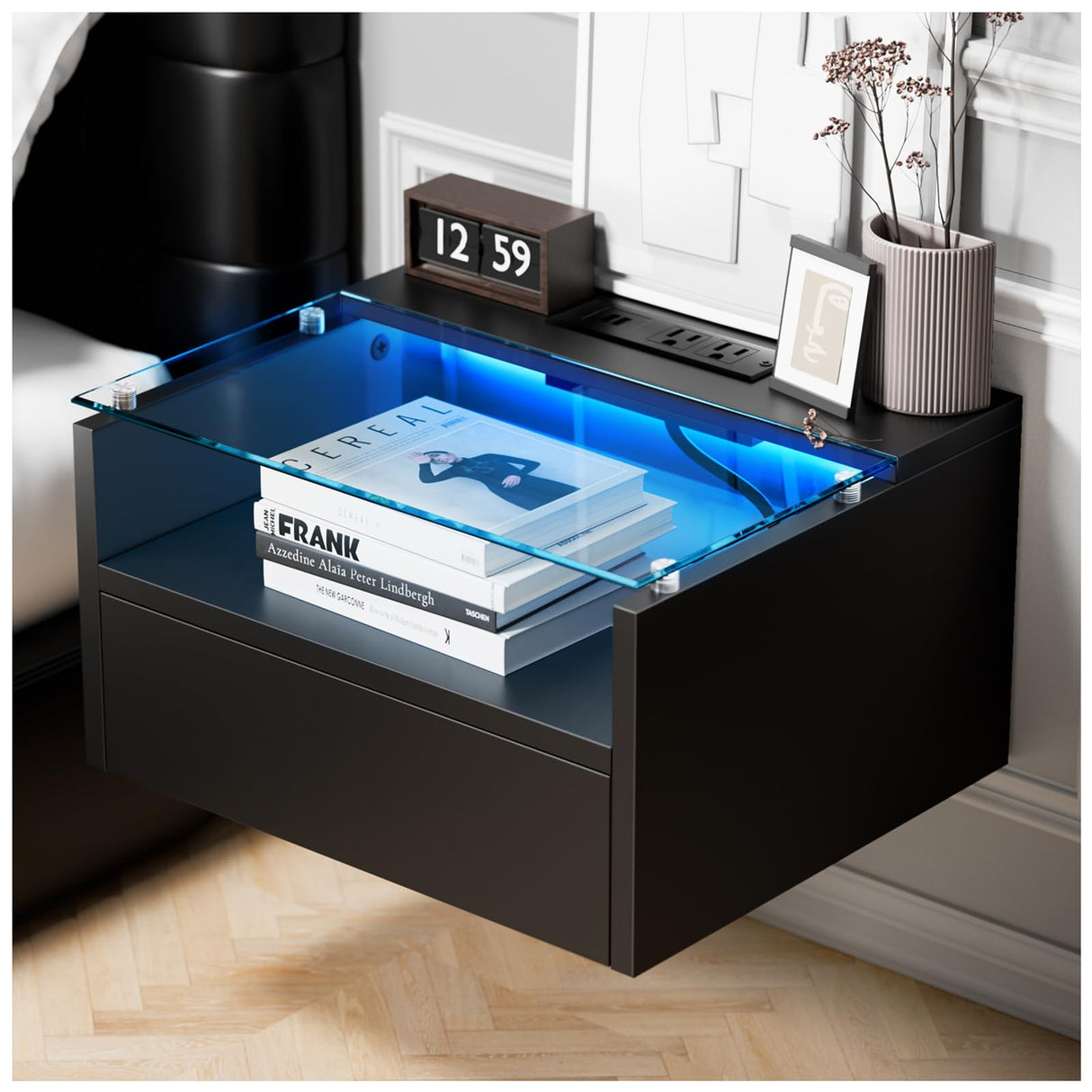MULEJYBO Black Floating Nightstand with Charging Station, Floating Night Stand with Charging Station and LED, Night Stand for Living Room, Entryway Wall, Bedroom (Single) MULEJYBO