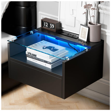 MULEJYBO Black Floating Nightstand with Charging Station, Floating Night Stand with Charging Station and LED, Night Stand for Living Room, Entryway Wall, Bedroom (Single) MULEJYBO