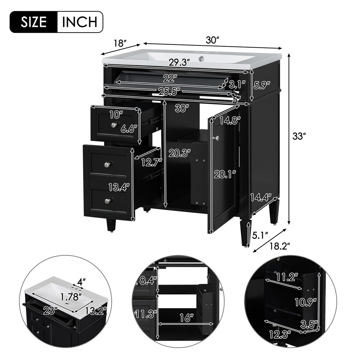 Virubi 30" Bathroom Vanity with Single Sink Combo, Modern Undermount Bathroom Sink Cabinet with 2 Drawers and a Tip-Out Drawer, Freestanding Bathroom Vanities, Soft Closing, Solid Wood Frame Virubi