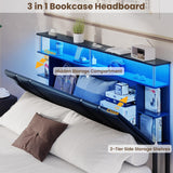 Modern VIAGDO Queen Bed Frame with Bookcase Headboard, LED Lights, Charging Station & Storage Drawers - Black VIAGDO