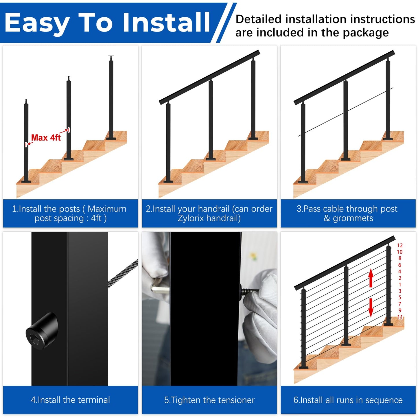 Zylorix 42" One-Stop All Black Cable Railing System Post Kit for Decks(Super Easy DIY), Include 3Pack Stair Posts for 25-35°Stairway, Complete Invisible Cable Railing Kit 1/8" with Cutter(No Handrail)