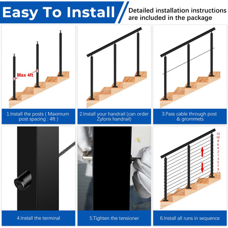 Zylorix 42" 2ft-8ft T304 Stainless Steel Cable Railing Post Kit(Flexible DIY 1+1) - 2Pack 33° Drilled Posts, Sufficient 118ft 1/8" Cable, Terminals, and Grommets with Cutter(No Handrail) for Decks Zylorix