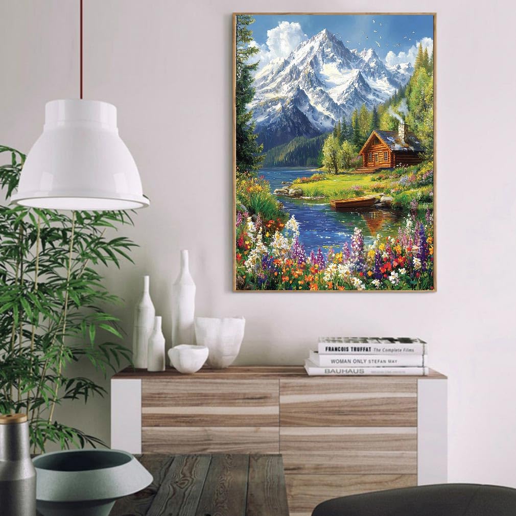 LWZAYS Mountain Paint by Numbers Kit for Adults Beginner, Cabin Adult Paint by Number Kits on Canvas, Mountain Landscape Acrylic Paint by Number Kit for Gift Decor - 16x20Inch LWZAYS