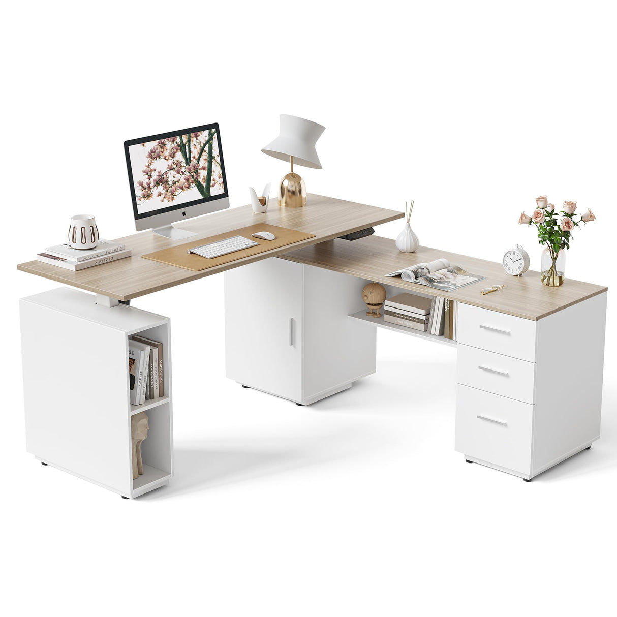 FEZIBO Electric Height Adjustable Stand up Desk for Home Office, 63" L Shaped Executive Standing Desk with 3-Drawer File Cabinet, Computer Desk with Storage Cabinets, White Frame/Light Walnut Top FEZIBO