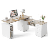 FEZIBO Electric Height Adjustable Stand up Desk for Home Office, 63" L Shaped Executive Standing Desk with 3-Drawer File Cabinet, Computer Desk with Storage Cabinets, White Frame/Light Walnut Top FEZIBO