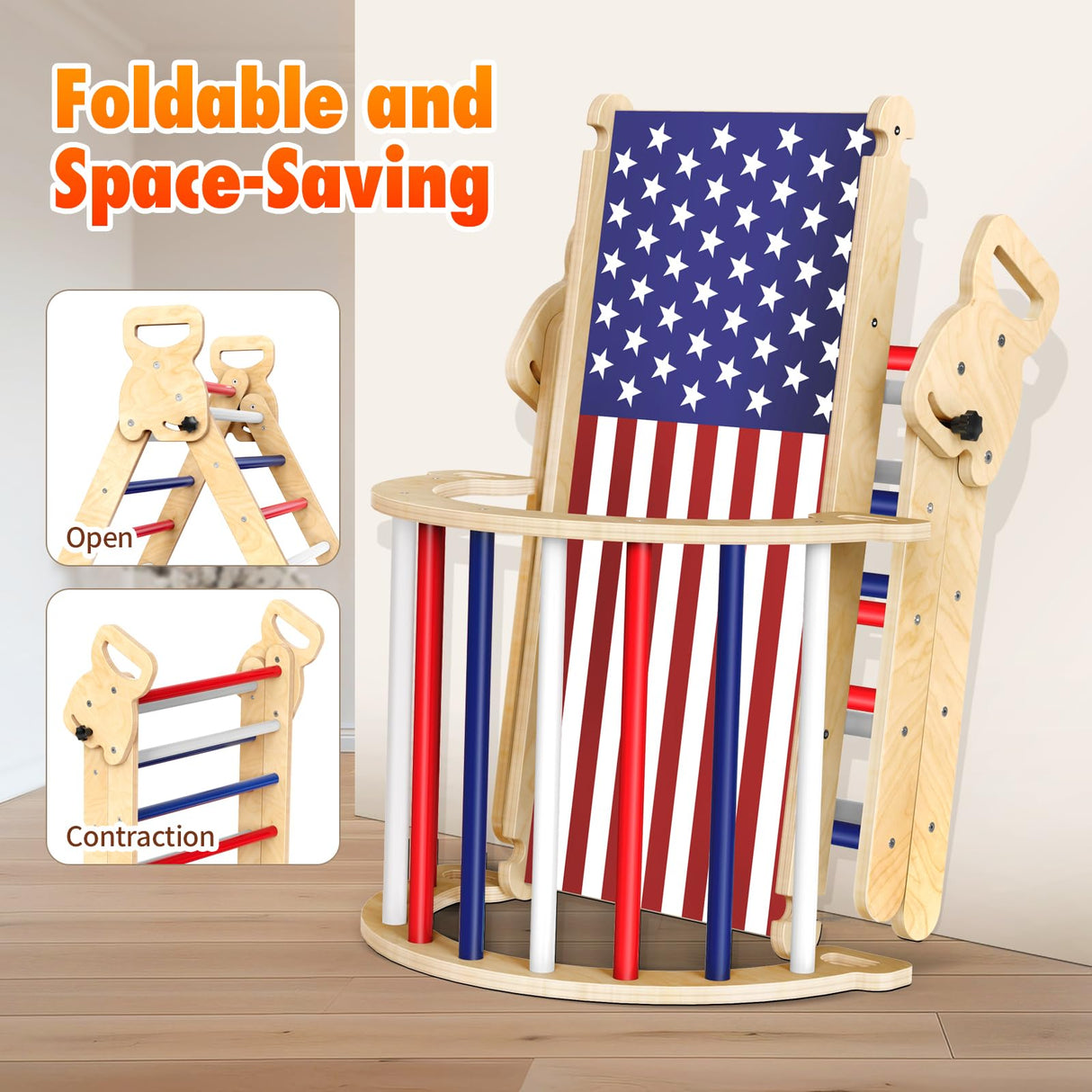 Xickboke Pikler Triangle Set Flag Style, Wooden Montessori Climbing Set,Foldable Pickler-3-Piece Climbing Gym with Triangle Climbing Frame, Arch, Ramp, Indoor Climbing Toys for Children Aged 1-3 Xickboke