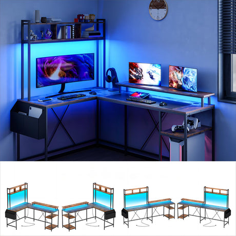 Jojoka L Shaped Computer Gaming Desk with LED Lights & Power Outlets, 67" Reversible Large L-Shaped Desk with Monitor Stand & Storage Shelves (Rustic Brown) Jojoka