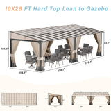 RTDTD 10' x 28' Gazebo，Hard Top Lean to Gazebo Wall Mount Heavy Hardtop Gazebos Outdoor Pergola with Curtains and Netting for Patio Garden Lawn Backyard Deck (Brown) RTDTD