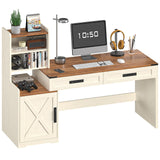 YOMILUVE Farmhouse Computer Desk with Drawers & Shelves, 60'' Home Office Desk with Bookshelf, Vanity Desk Writing Study Table with Storage, Antique White YOMILUVE