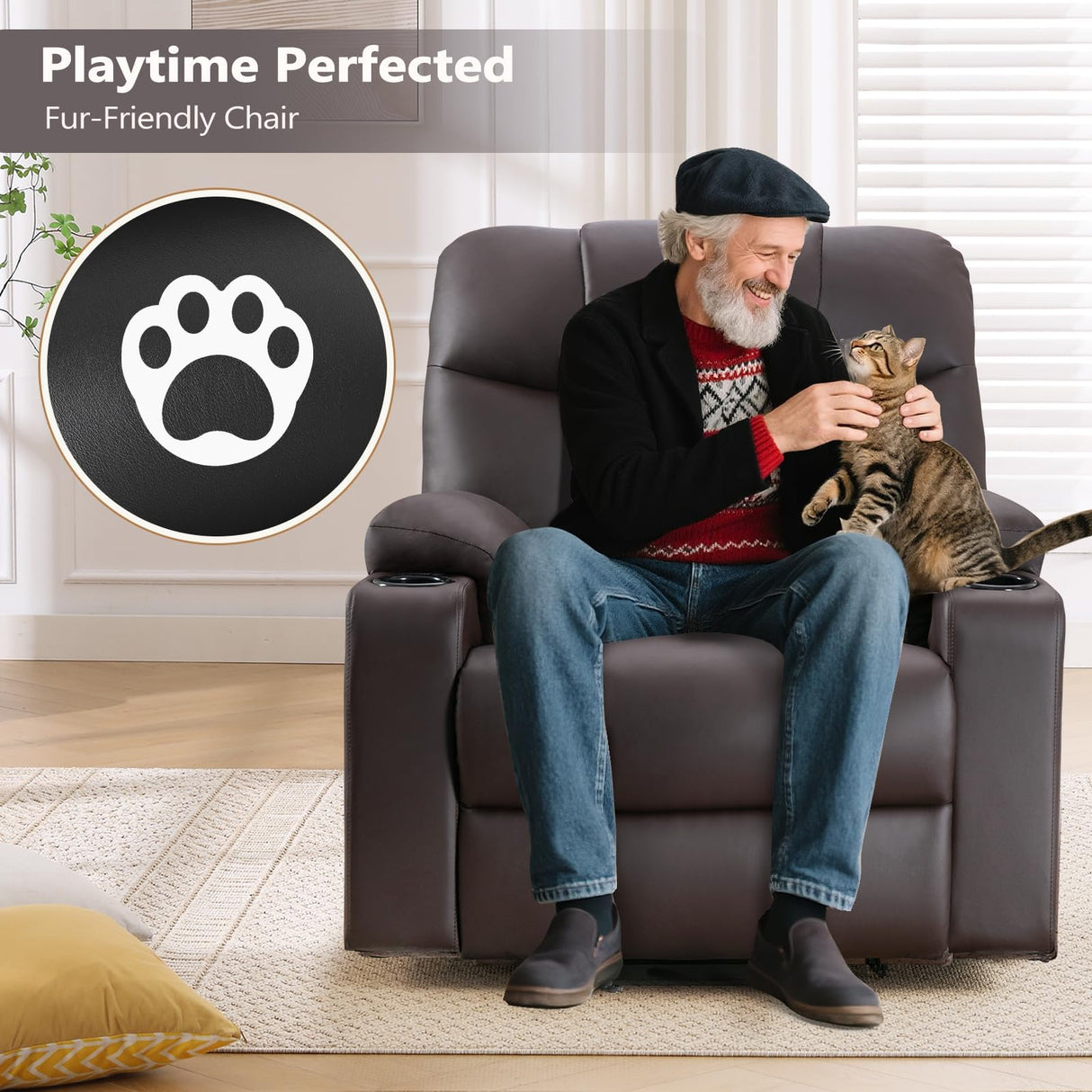 ANJ Brown Power Lift Recliner Chair for Elderly with Heat & Massage, Faux Leather Electric Recliner Sofa with Cup Holders, USB Port & Side Pockets, Heavy Duty Reclining Chair for Seniors ANJ