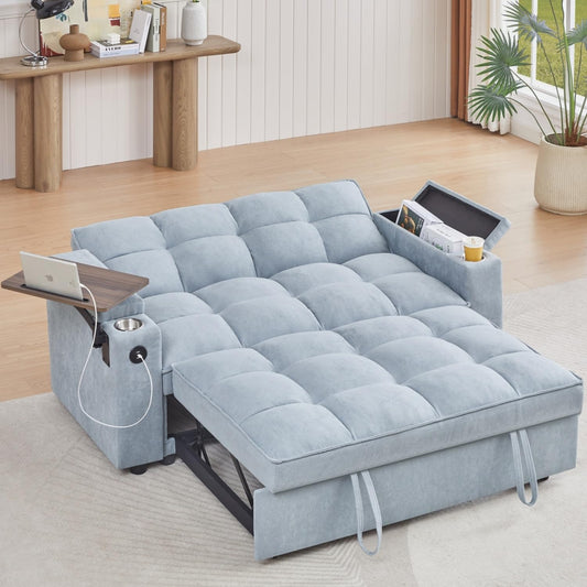 65'' Sleeper Sofa with Pull Out Bed, Convertible Sofa Couch for Living Room, Adjustable Backrest Sleeper Couch with 360 Degree rotatable Side Table for Living Room,RV (Light Gray)