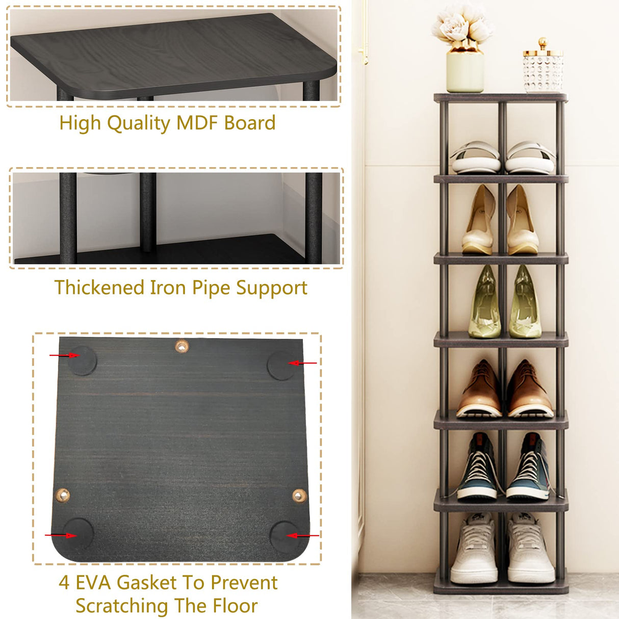 SORCEDAS Vertical Shoe Rack Tall Narrow Shoe Shelf Storage 7 Tier Corner Shoe Organizer for Closet Entryway Garage(Black + Rustic Dark Brown) SORCEDAS