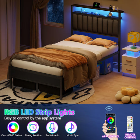 Furnulem Full Size Bed Frame with Charging Station and LED Lights, Grey Upholstered Headboard with Shelves, Metal Platform Bed with 2 Under-Bed Storage (Fabric Drawer on Wheels), No Box Spring Needed Furnulem