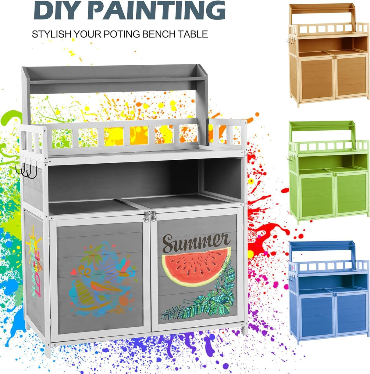 GRAVFORCE Outdoor Potting Bench Table, Garden Potting Benches for Outside Planting Work Bench Table Wooden Storage Plant Table Cabinet Gardening Table for Patio, Garden, Greenhouse, Backyard (Gray) GRAVFORCE