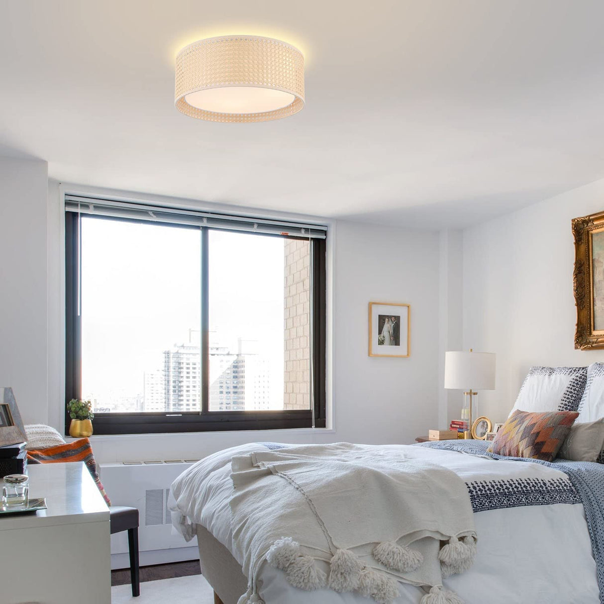 WINGBO 15.7" Modern 3-Light Flush Mount Ceiling Light Fixture with Rattan & Fabric Double Drum Shade for Bedroom Living Room Dining Room Hallway Entryway, Khaki WINGBO