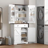 ONBRILL 71" Tall Farmhouse Kitchen Pantry with 6 Door Shelves & Drawer, Wood Pantry Storage Cabinet with 2 Adjustable Shelves & 4 Barn Doors, Freestanding Cupboard for Kitchen, Dining Room, White ONBRILL