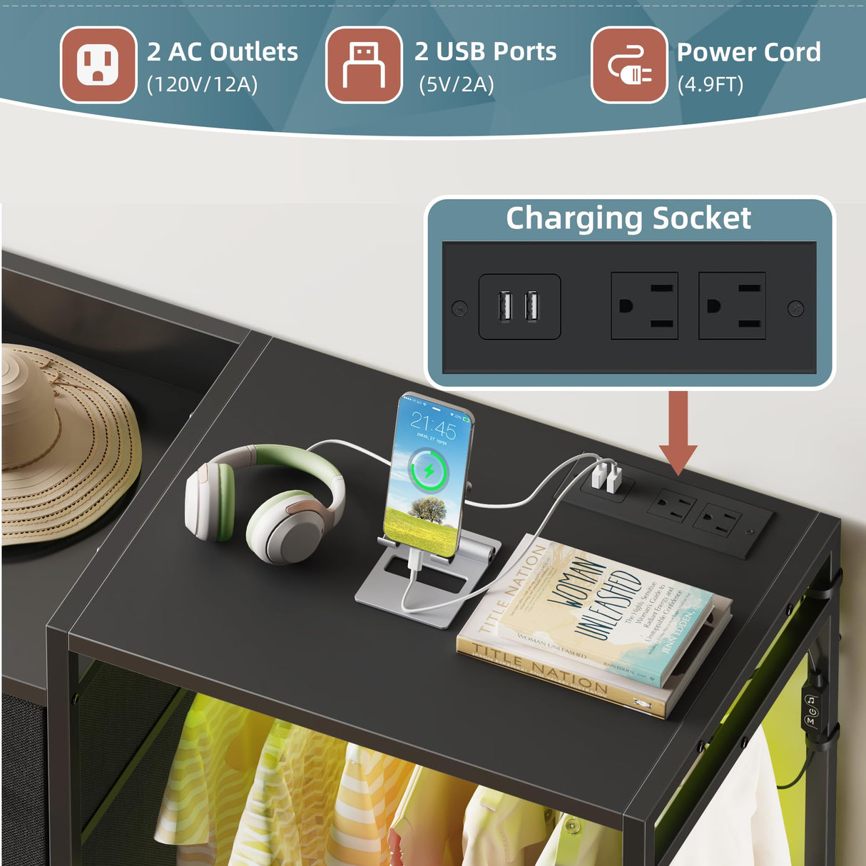 HIGDBFE 8-Drawer Dresser with Hanging Rack, Bedroom Dresser with Charging Station & LED Lights, Kids Dressers with Shoe Rack for Clothes Storage, Chest of Drawers for Bedroom, Closet, Black HIGDBFE