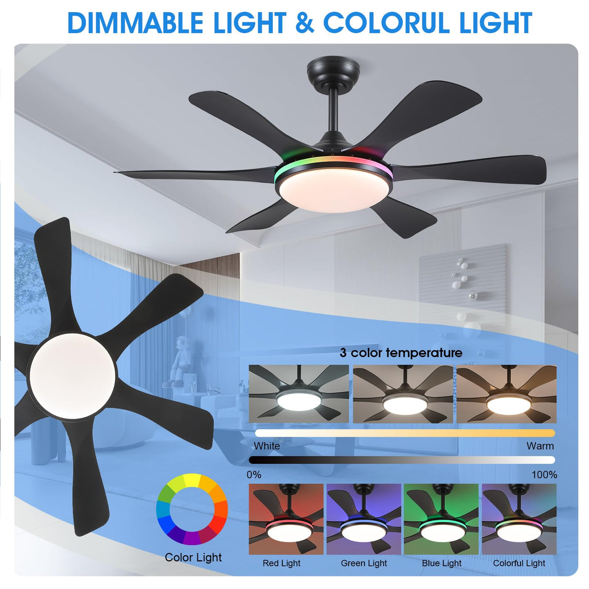 Surtime Ceiling Fans with Lights-47 Low Profile Ceiling Fan with 7-Color RGB Light and Remote/APP Control,Flush Mount,DC Reversible,LED Dimmable Black Ceiling Fans for Bedroom,Indoor/Outdoor Patio Surtime