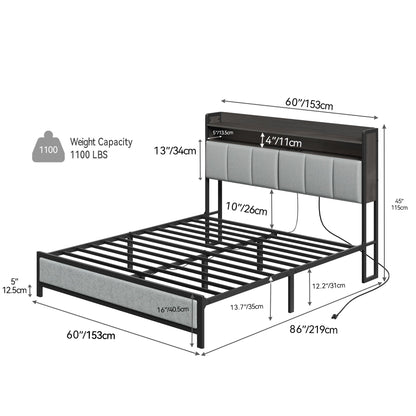 YITAHOME Bed Frame Queen Size, LED Bed Frame with Upholstered Storage Headboard, Heavy Duty Platform Bed Frame with Charging Station & Metal Slats, No Box Spring Needed, Gray