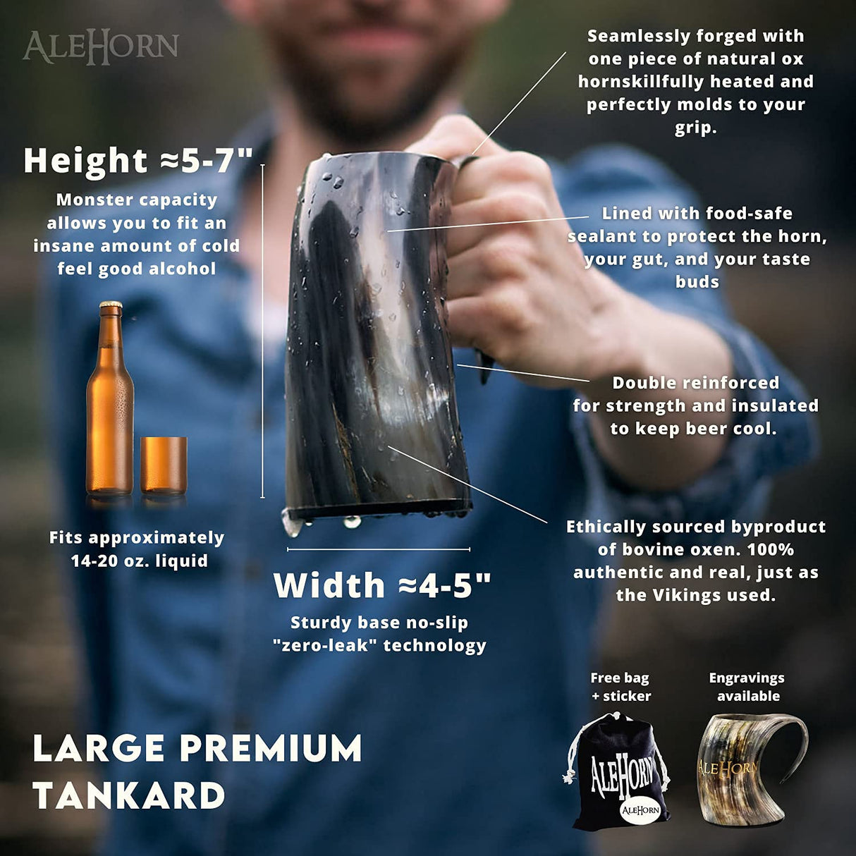 AleHorn Original Handcrafted Authentic Viking Drinking Horn Tankard for Beer Mead Ale - Genuine Medieval Inspired Stein Mug Food Safe Vessel with Handle (24oz) AleHorn