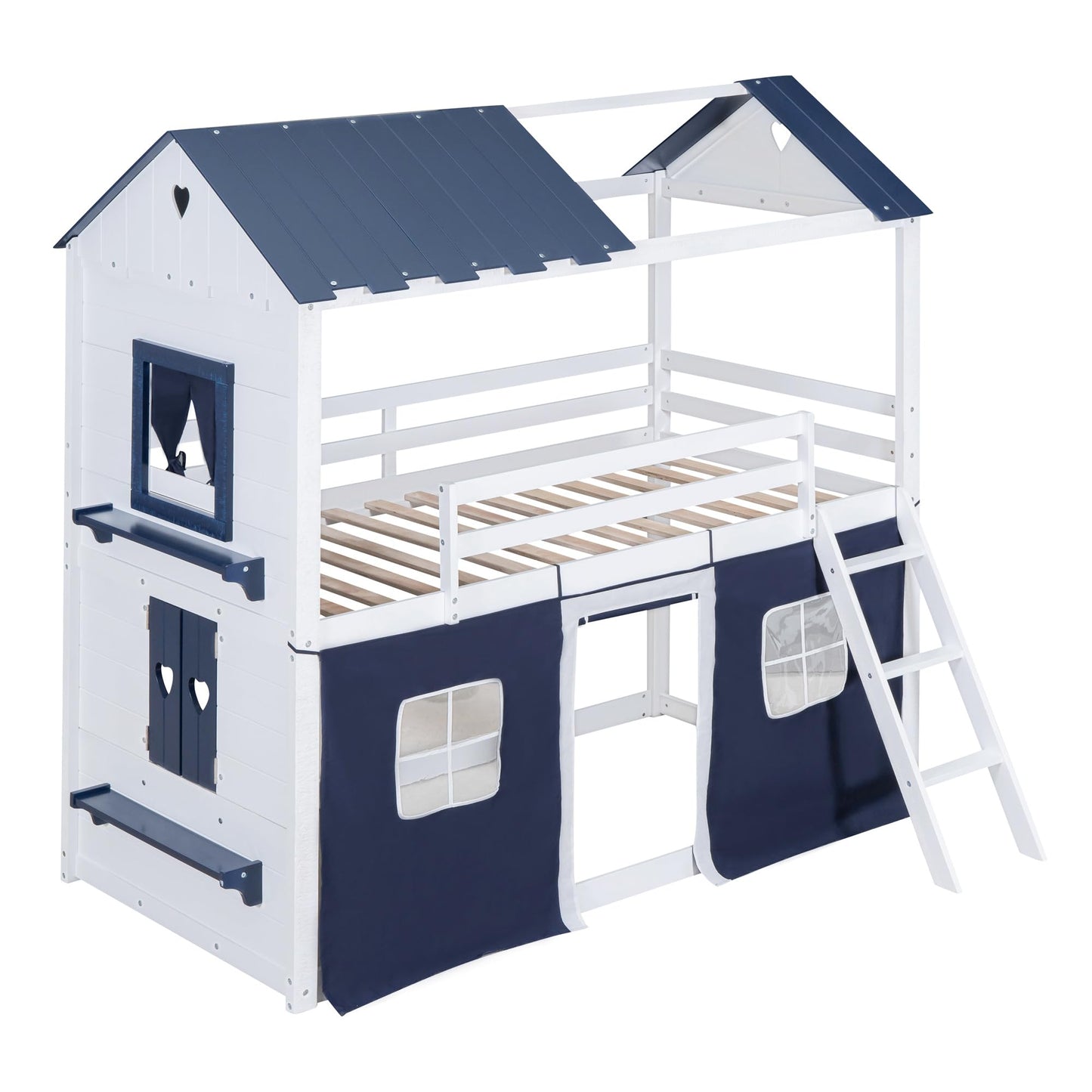 Harper & Bright Designs House Twin Loft Bunk Bed with Tent,Kids Twin Loft Bed with Ladders,Guardrail,Windows & Roof, Wood Twin Over Twin Playhouse Bunk Bed for Kids Teens Boys & Girls (Blue & White)